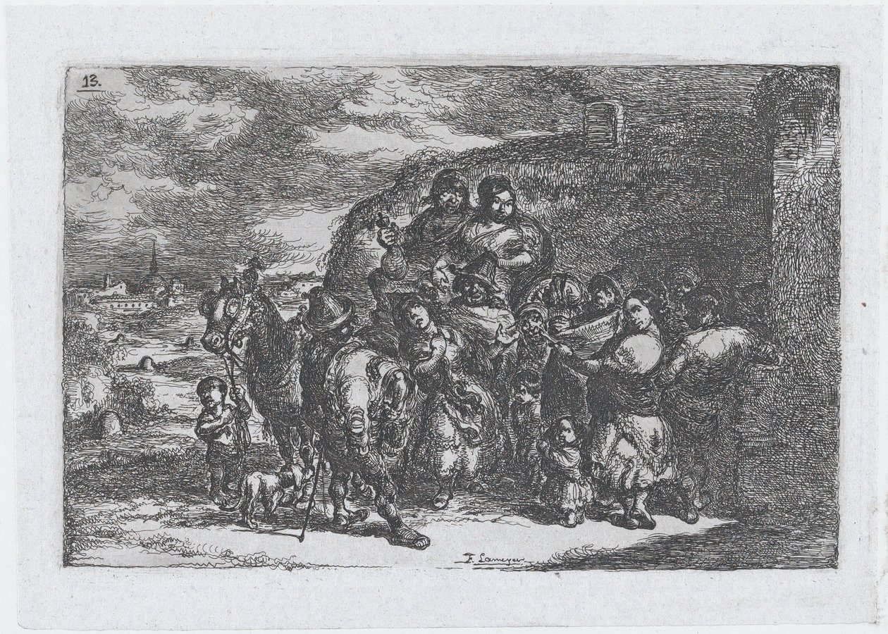 Plaat 13: een groep mensen buiten, mogelijk inclusief muzikanten, uit de serie van cust..., 1850 door Francisco Lameyer Berenguer