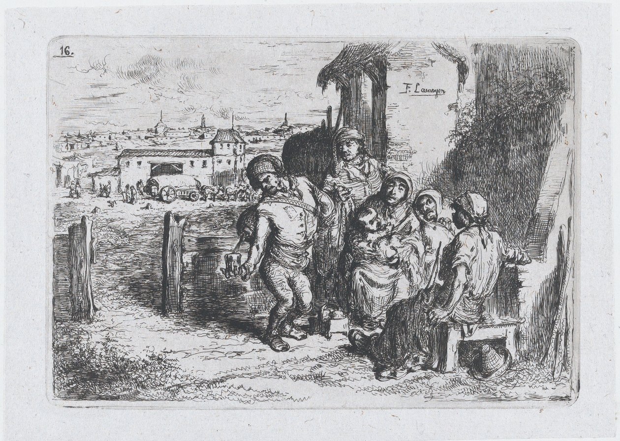 Plaat 16: een groep mensen buiten, waaronder een man die wijn of water uit een vat schenkt..., 1850 door Francisco Lameyer Berenguer