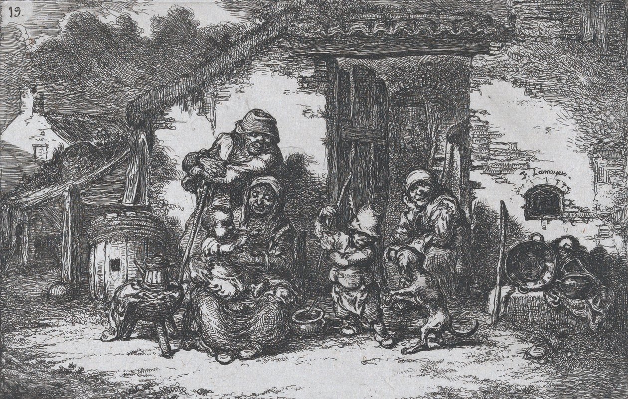 Plaat 19: een familie en een jongen die met een hond speelt buiten een huis, uit de serie van gewoonten..., 1850 door Francisco Lameyer Berenguer