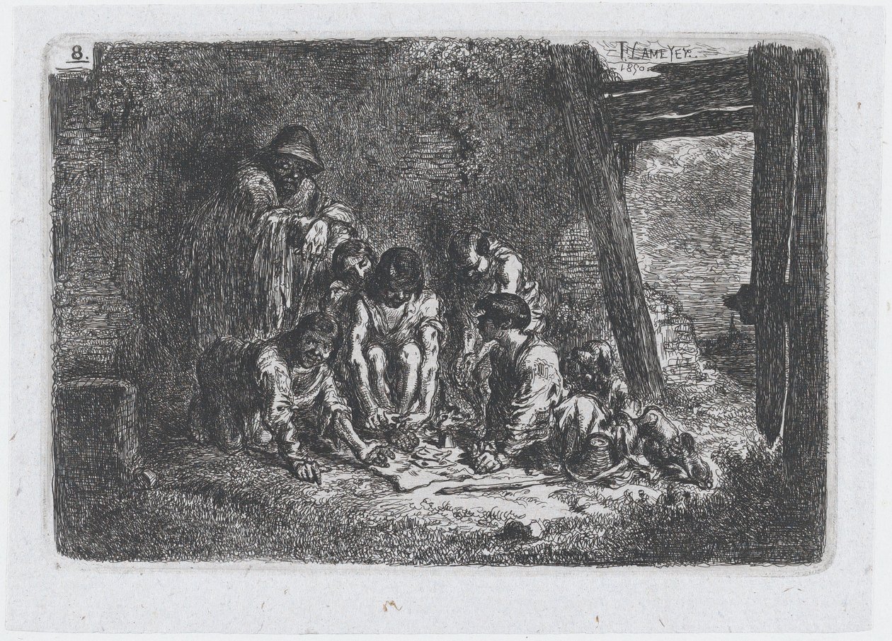 Plaat 8: een groep figuren waarvan sommigen een spel spelen, uit de serie gewoonten en..., 1850 door Francisco Lameyer Berenguer
