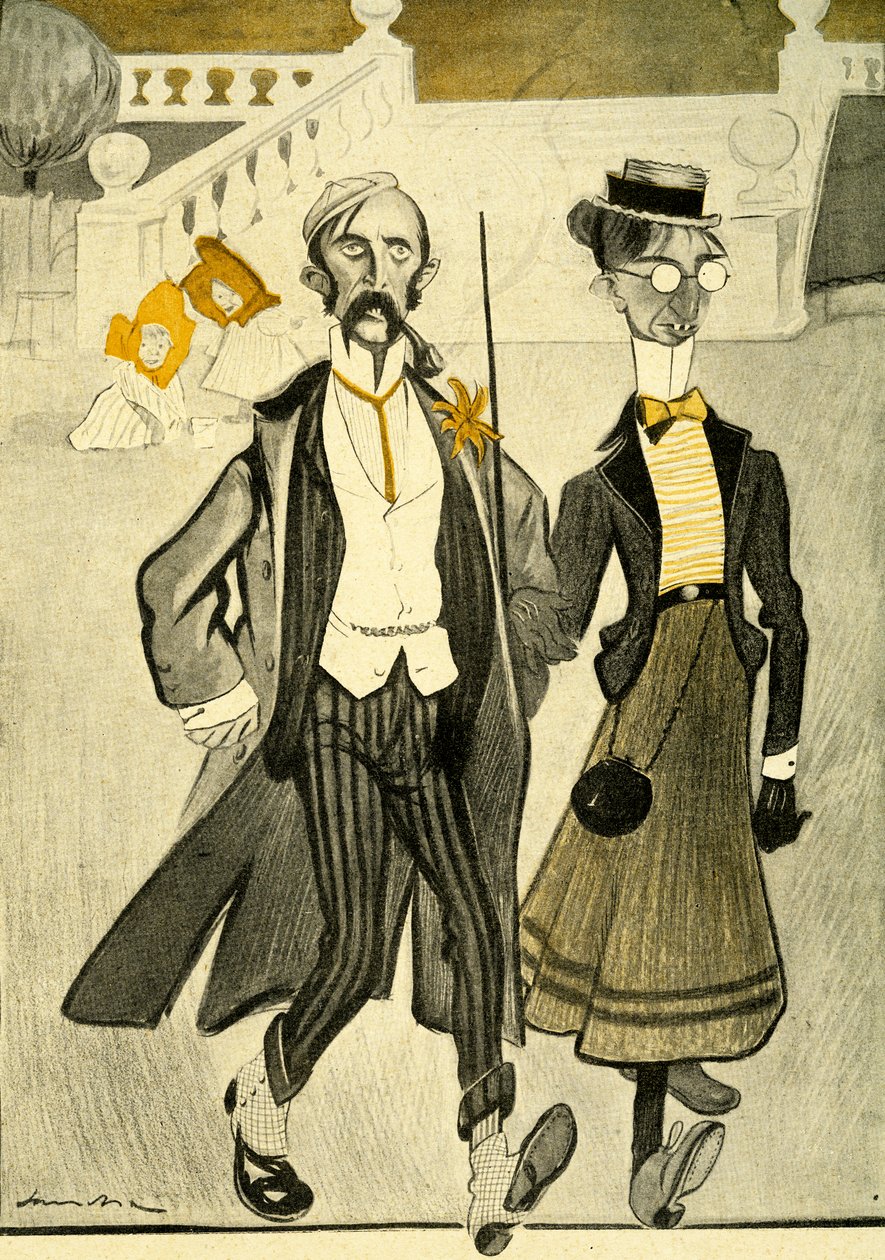 Een Engels stel in Frankrijk wordt bespot om hun vreemde modegevoel, 1903 door Francisco Sancha y Lengo