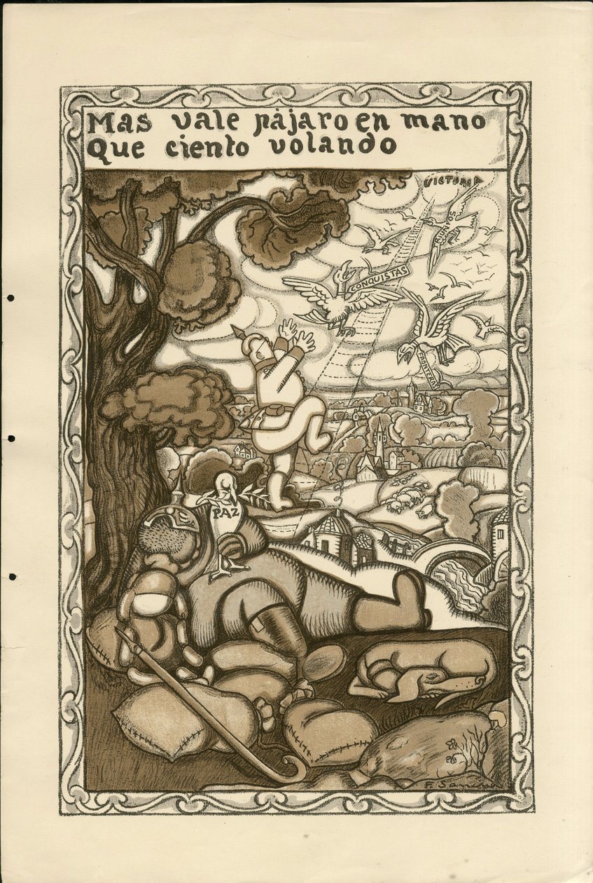 Illustratie van Francisco Sancha Lengo (1874-1936) - Vliegend blad, ca. 1915 - Mas vale pajaro en mano que ciento volando - Oorlog van 14 -18, Duitsland Pruisen, Belligeranten en symbolen, Overwinning, Vrede, Spaanse taal, Buitenlandse pers door Francisco Sancha y Lengo