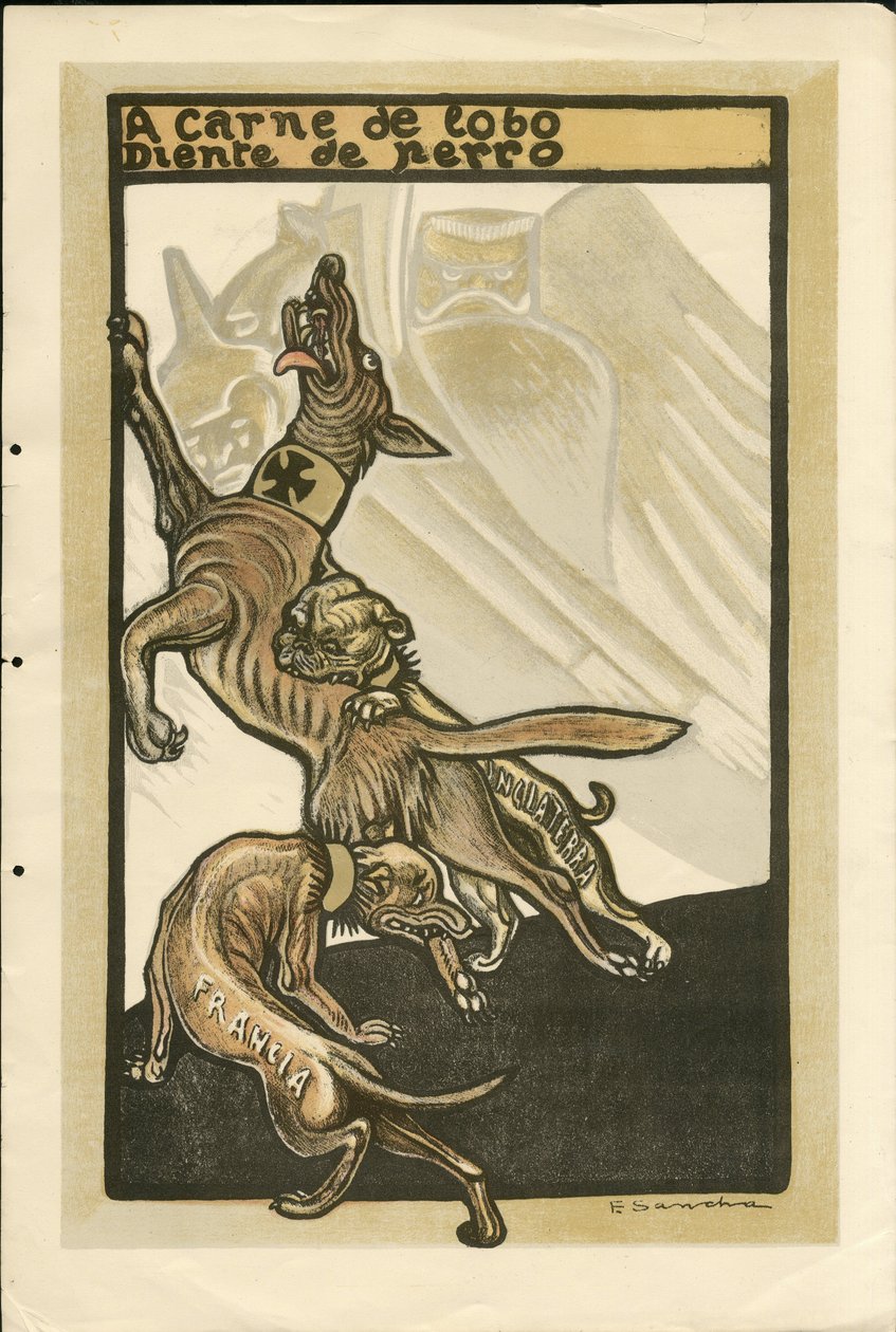 Illustratie van Francisco Sancha Lengo (1874-1936) - Vliegend blad, circa 1915 - A carne de lobo diente de perro - Oorlog van 14 -18, Duitsland Pruisen, Engeland Groot-Brittannië, Belligeranten en symbolen, Frankrijk, Spaanse taal, Buitenlandse pers - Wilh door Francisco Sancha y Lengo