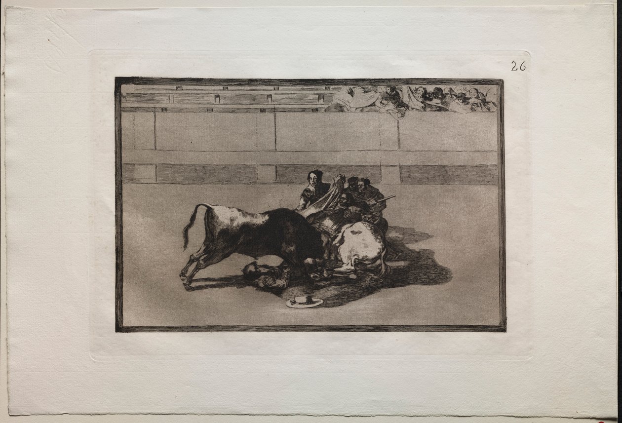 Stierengevechten: Een Picador wordt van zijn paard geworpen en valt onder de stier, 1876 door Francisco de Goya