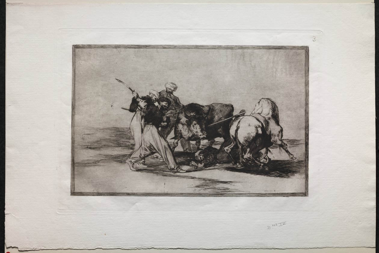 Stierengevechten: De Moren die zich in Spanje Vestigden, Gaven de Bijgeloof van de Koran op, Namen deze Kunst van Jagen aan, en Spietsen een Stier in het Open door Francisco de Goya