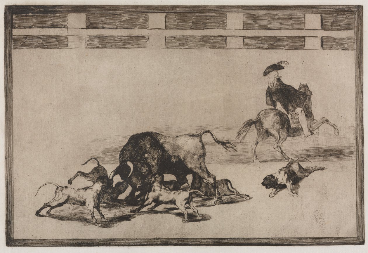 Stierengevechten: Ze laten honden los op de stier, 1876 door Francisco de Goya