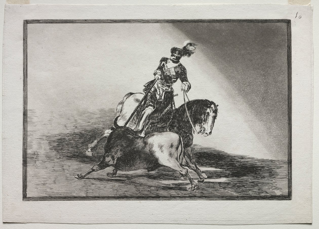 Karel V die een stier spietst in de arena van Valladolid, 1815-1816 door Francisco de Goya