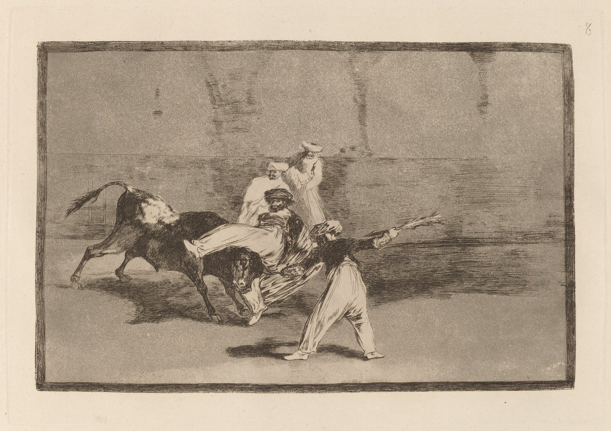 Een Moor gevangen door de stier in de arena door Francisco de Goya