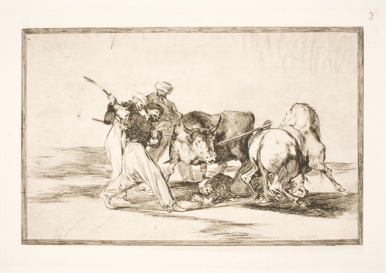 De Moren die zich in Spanje vestigden en het bijgeloof van de Koran opgaven, maakten zich deze kunst eigen om een stier op de vlakte te jagen en te spietsen door Francisco de Goya
