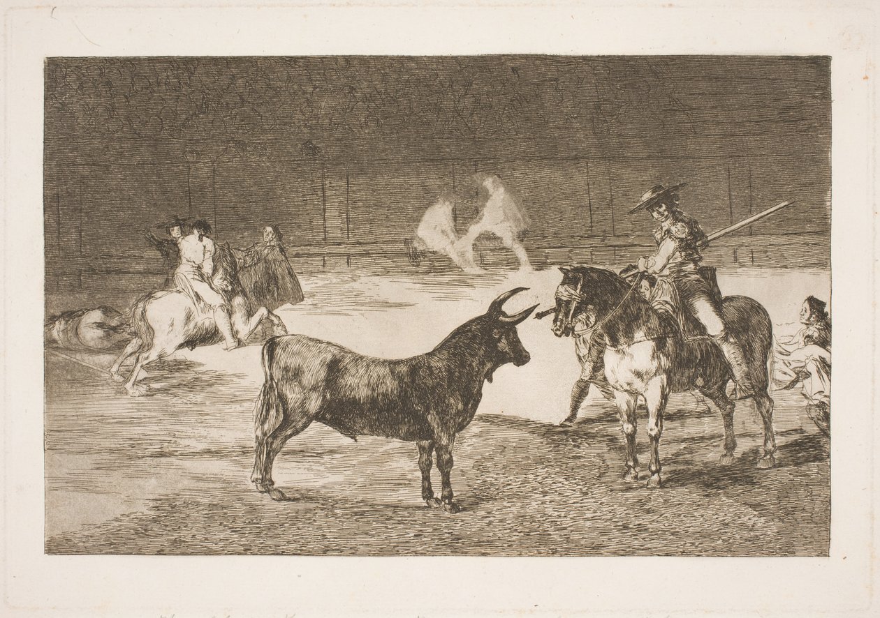 De gevierde picador, Fernando del Toro, provoceert de woeste stier met zijn lans door Francisco de Goya