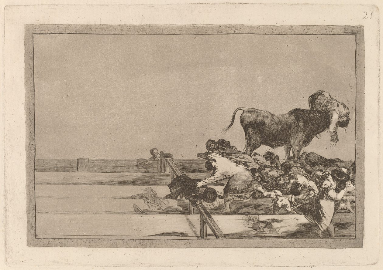 Desgracias acaecidas en el tendido de la plaza de Madrid, y muerte del alcalde de Tor rejon door Francisco de Goya