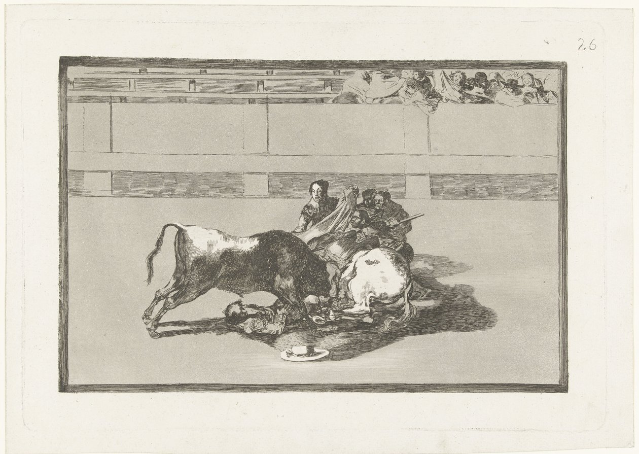 Een picador is van zijn paard gestoten en ligt onder de stier door Francisco de Goya
