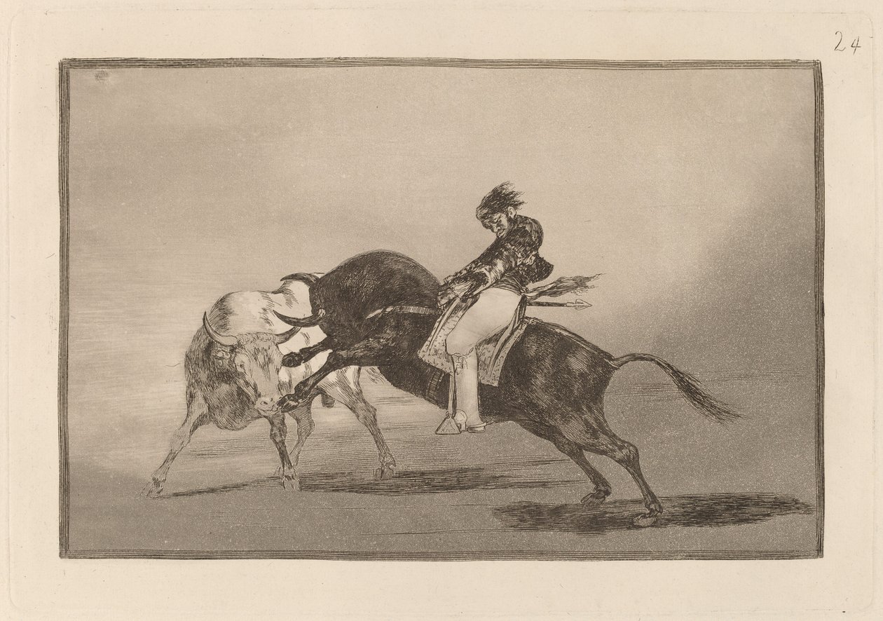 El mismo Ceballos montado sobre otro toro quiebra rejones en la plaza de Madrid door Francisco de Goya