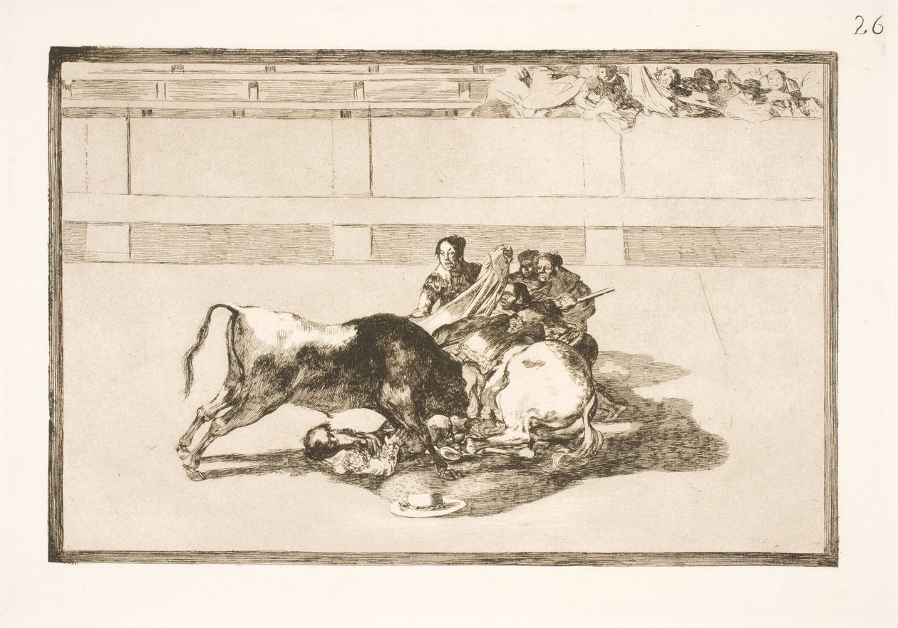Een picador wordt van zijn paard geworpen en valt onder de stier door Francisco de Goya