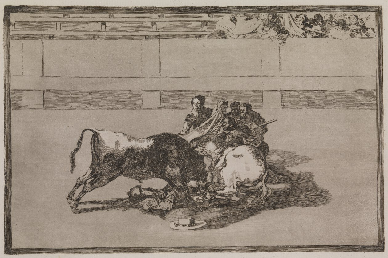 Een picador wordt van het paard geworpen en valt onder de stier door Francisco de Goya