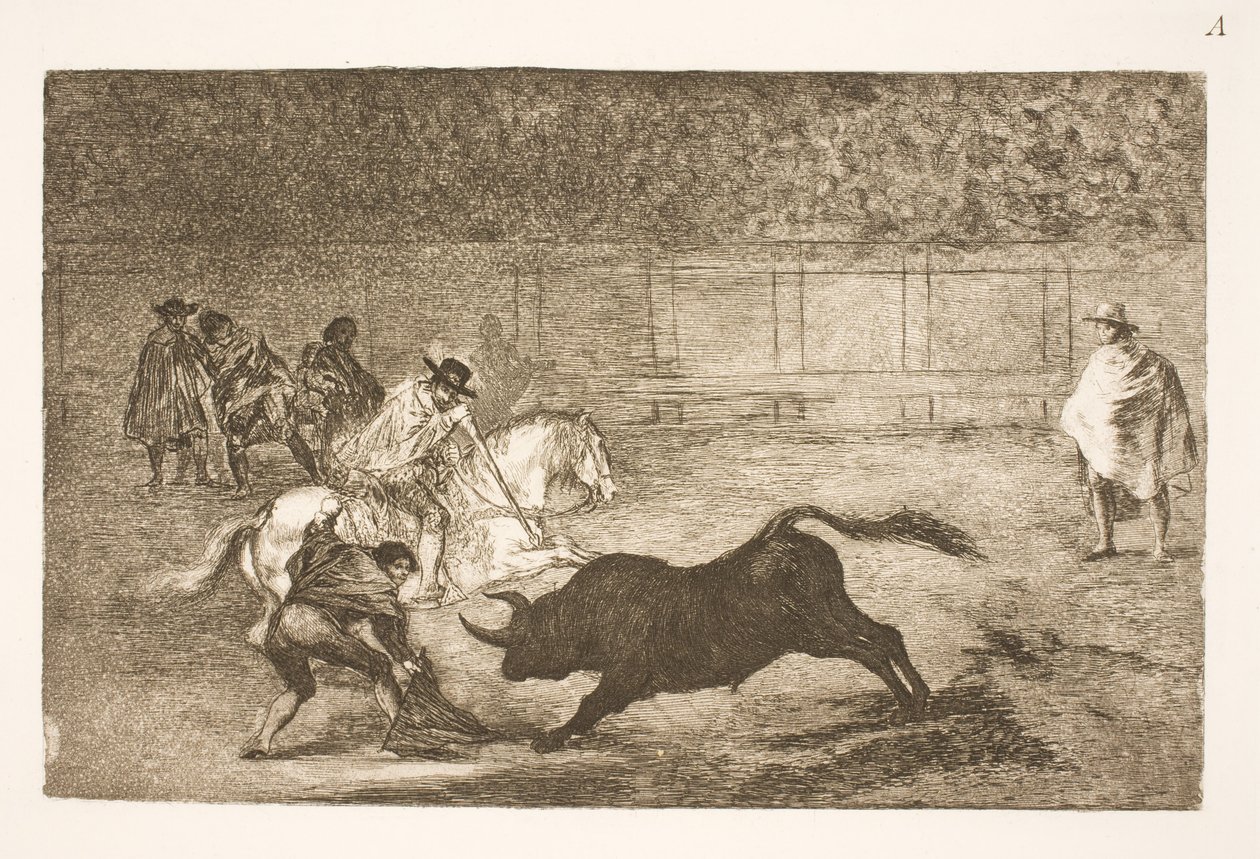 Een Spaanse ruiter breekt korte speren met hulp van zijn secondanten door Francisco de Goya