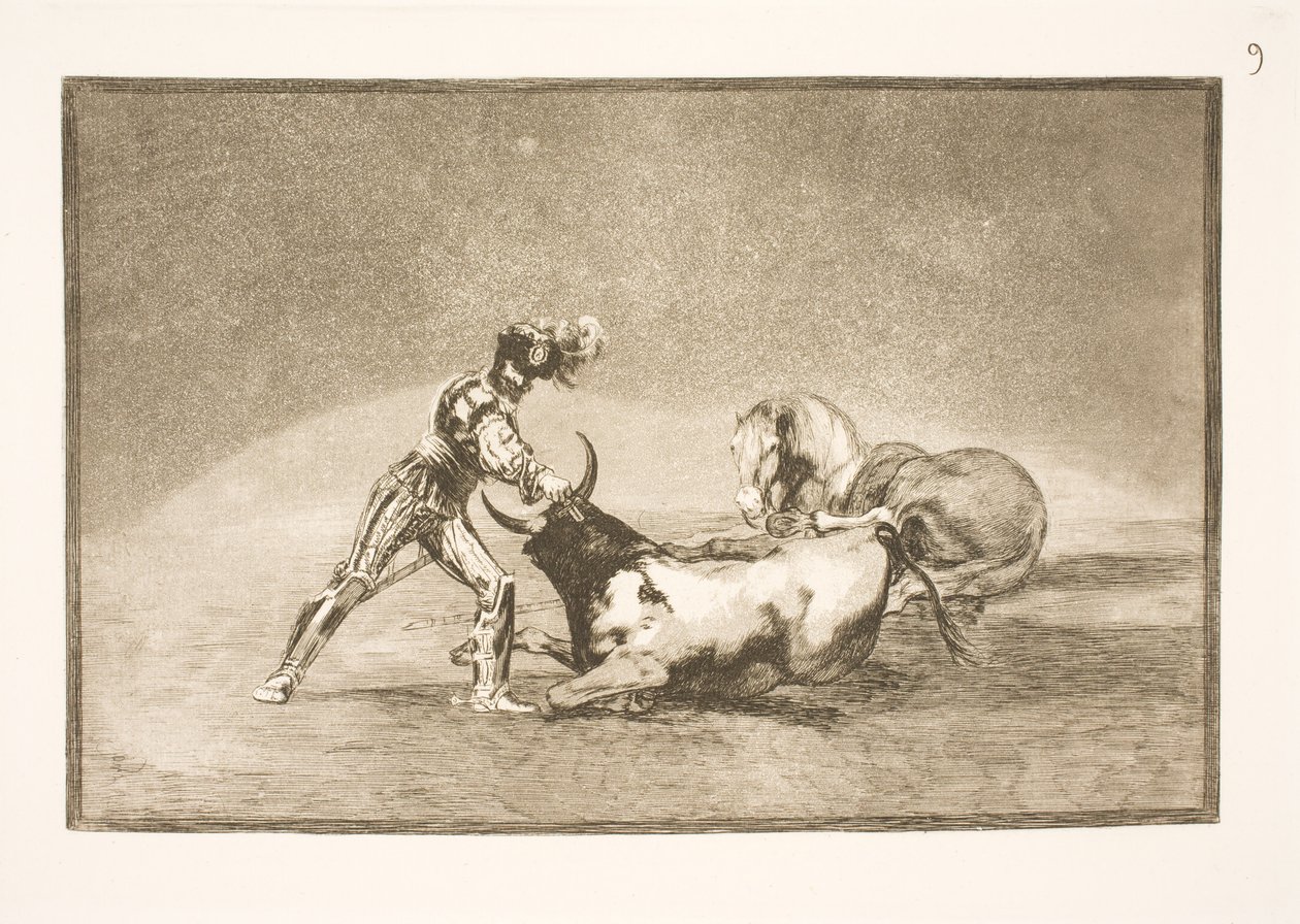 Een Spaanse ruiter doodt de stier nadat hij zijn paard heeft verloren door Francisco de Goya
