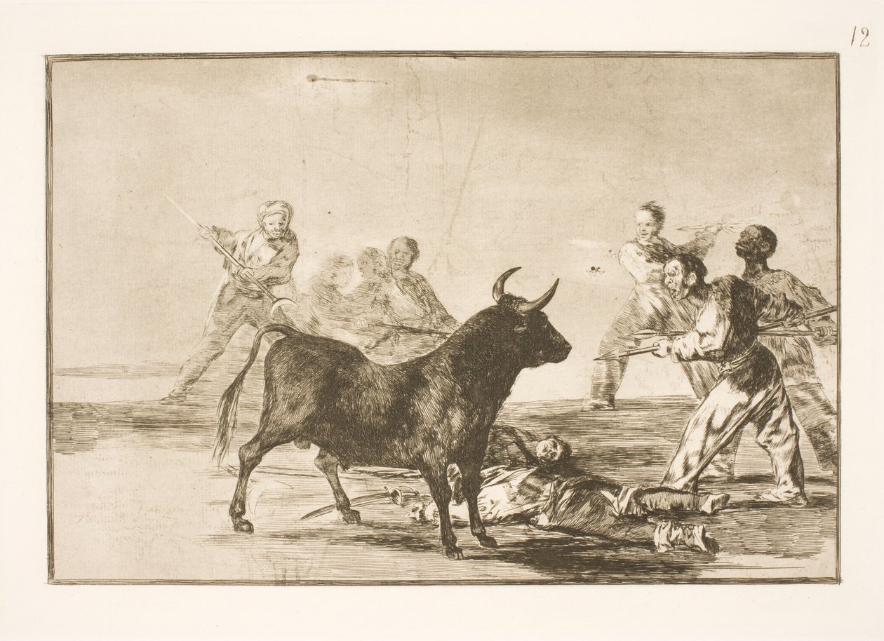 Het volk steekt de stier met lansen, sikkels, banderilla