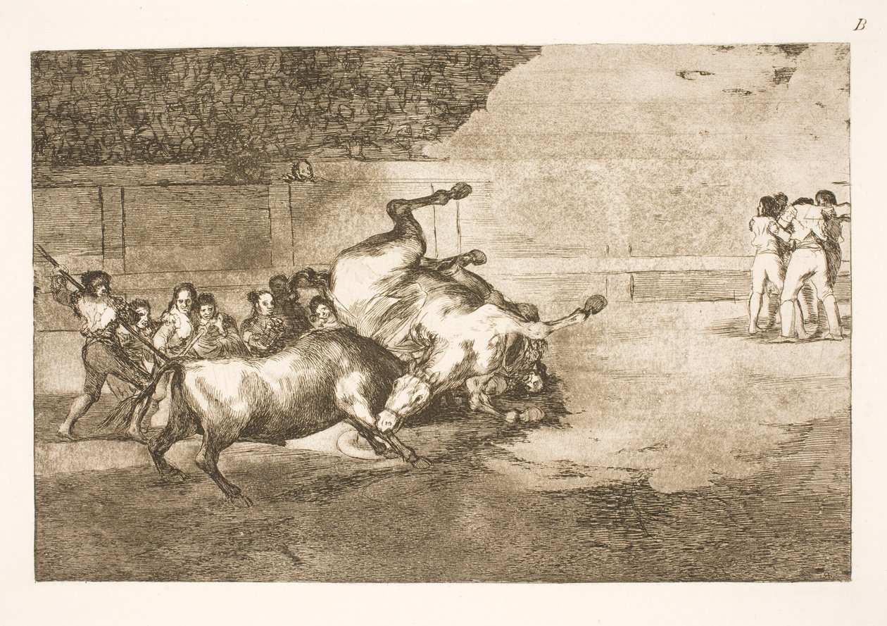 Paard wordt door een stier tegen de grond geslingerd door Francisco de Goya
