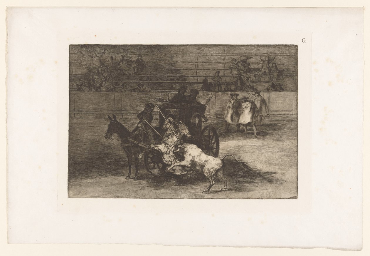 Mannen vallen een stier aan vanaf een rijtuig door Francisco de Goya