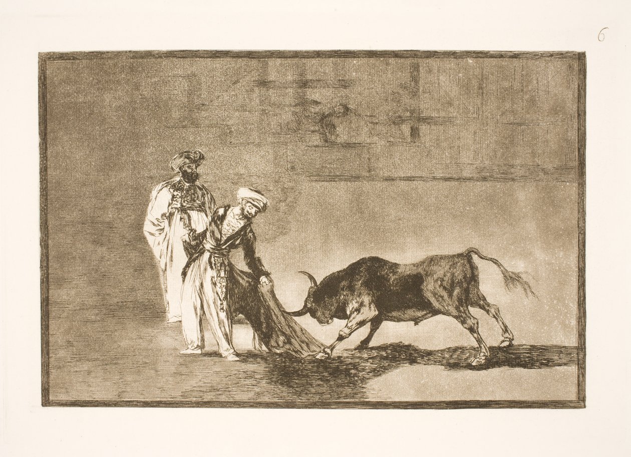 De Moren voeren een andere truc uit in de arena en lokken de stieren met hun burnussen door Francisco de Goya