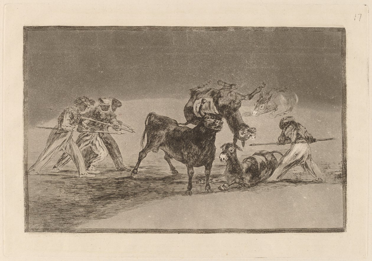 De Moren Gebruiken Ezel als Barrière om Zich te Verdedigen tegen de Stier met Gebolde Hoorns door Francisco de Goya