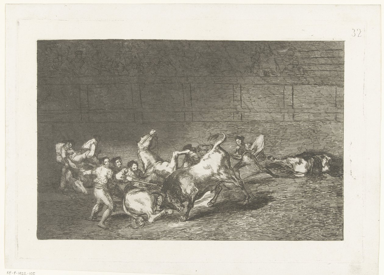 Picador steekt een lans in een stier door Francisco de Goya