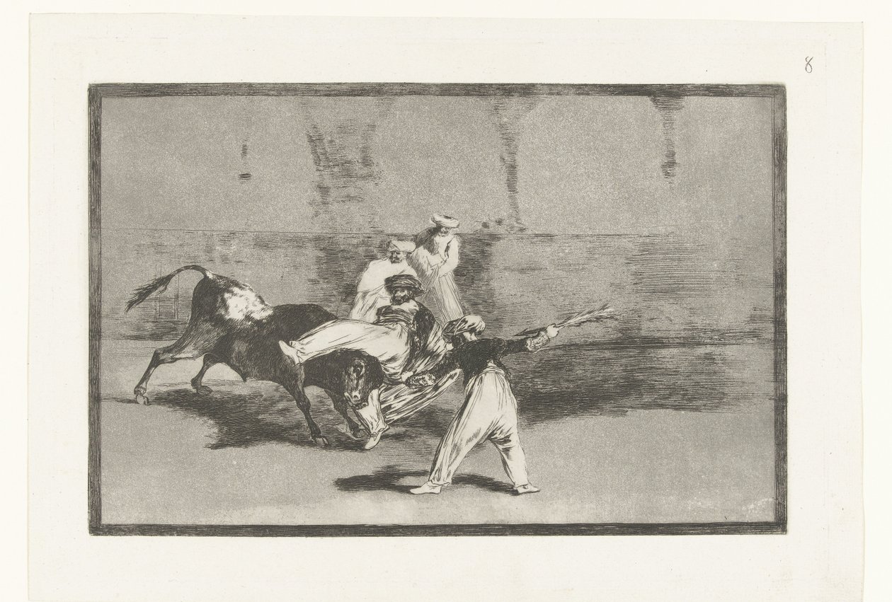 Stier wordt gegrepen door stierenvechters door Francisco de Goya
