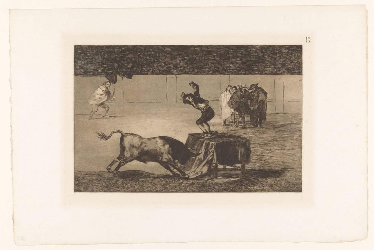 Stierenvechter staand op een tafel in de arena door Francisco de Goya