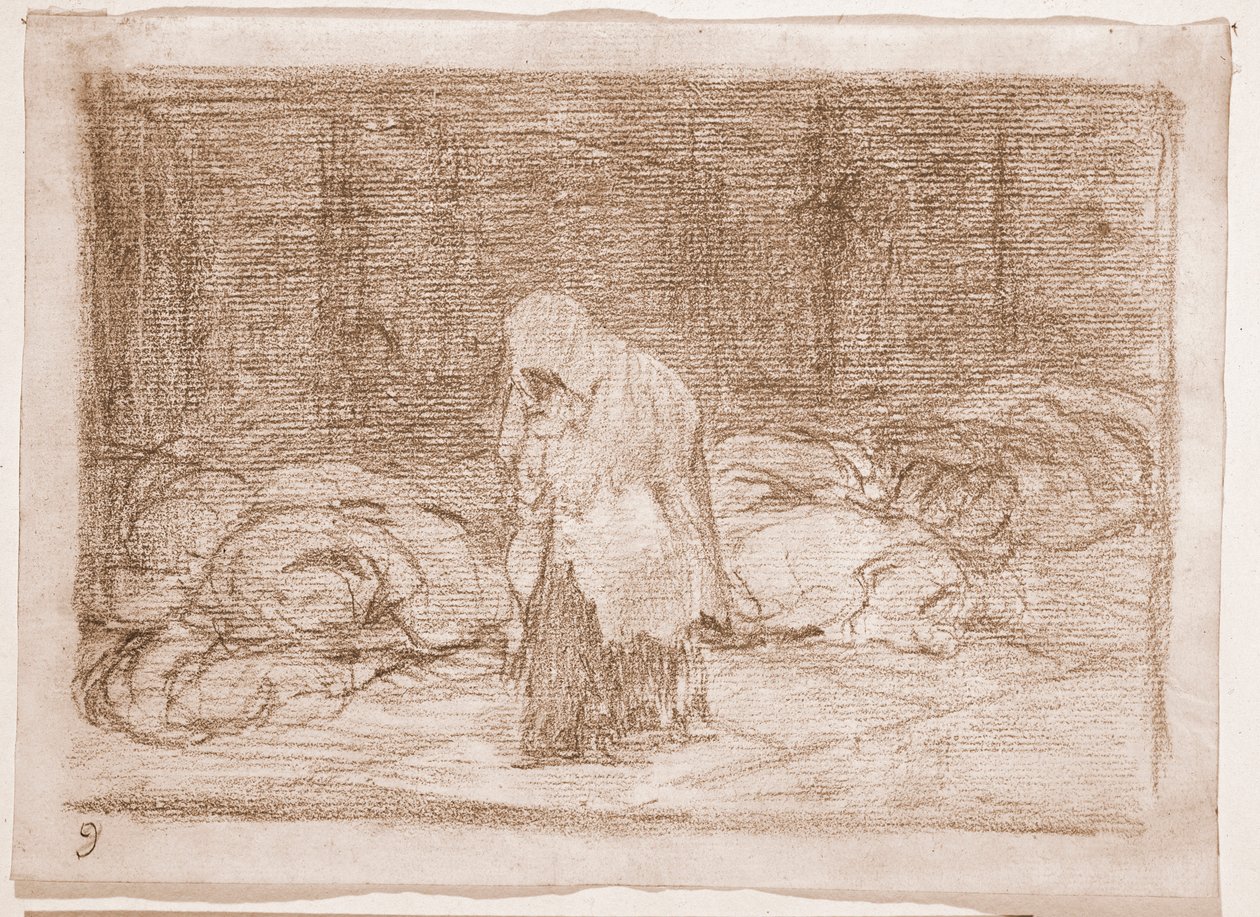 De rampen van de oorlog: Dodenbedden (voorbereidende tekening) door Francisco de Goya