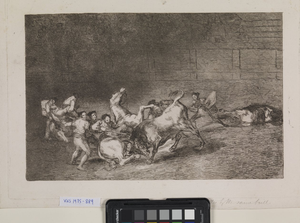 Twee picadors worden een voor een omvergeworpen door een enkele stier door Francisco de Goya