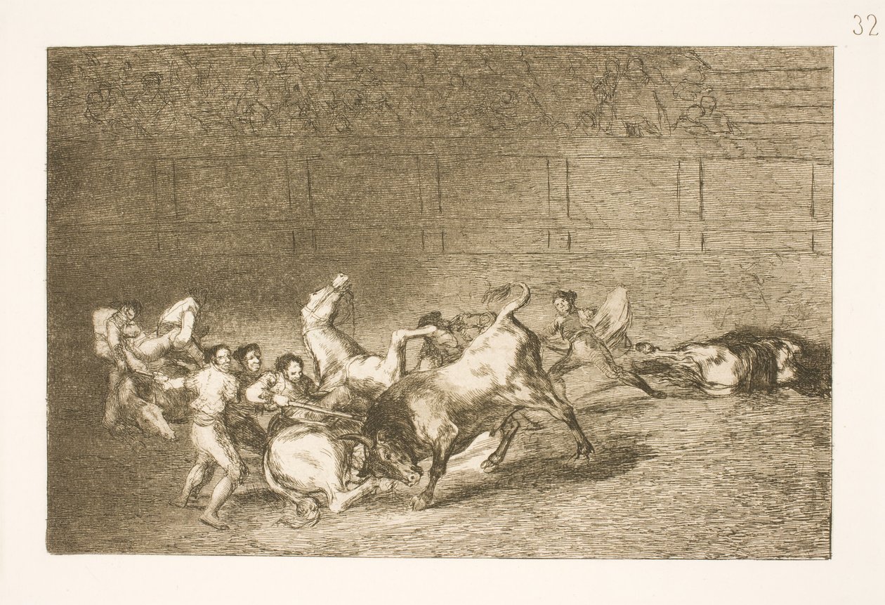 Twee picadors worden een voor een omvergeworpen door een enkele stier door Francisco de Goya