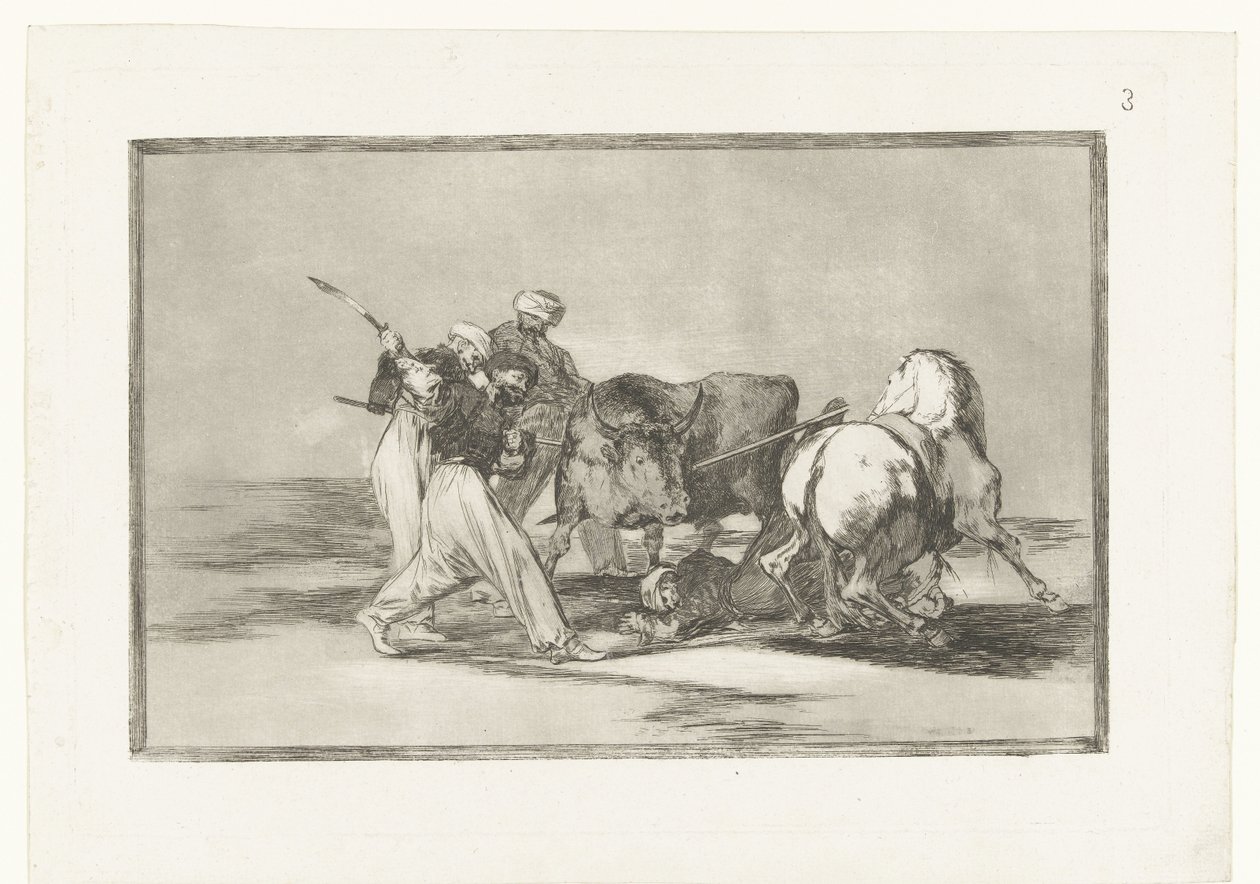 Vier mannen jagen op een stier door Francisco de Goya