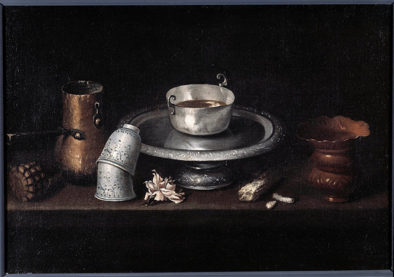 Het stilleven chocoladeontbijt van chocoladekop, kopjes door Francisco de Zurbaran