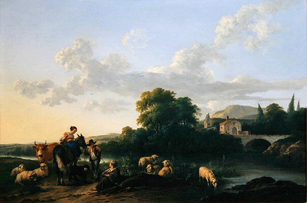 Boeren en vee in een Italiaanse landschap door Franciscus Xaverius Xaverij