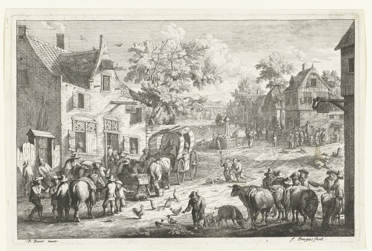Dorpsgezicht met reizigers en veehandelaren bij herberg door Franciscus de Bargas