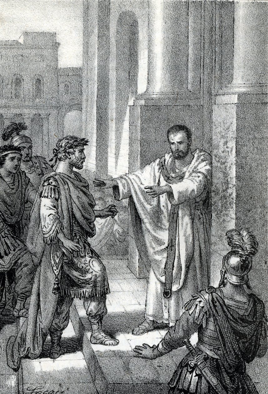 De aartsbisschop Sint Ambrosius van Milaan (Aurelius Ambrosius, Ambrogio di Milano (340-397) verbood de toegang tot de kerk aan de Romeinse keizer Theodosius I (Flavius Theodosius) (347-395) om hem te straffen voor het bloedbad van Thessalonica in 390 - Ex door Franco Mistrali