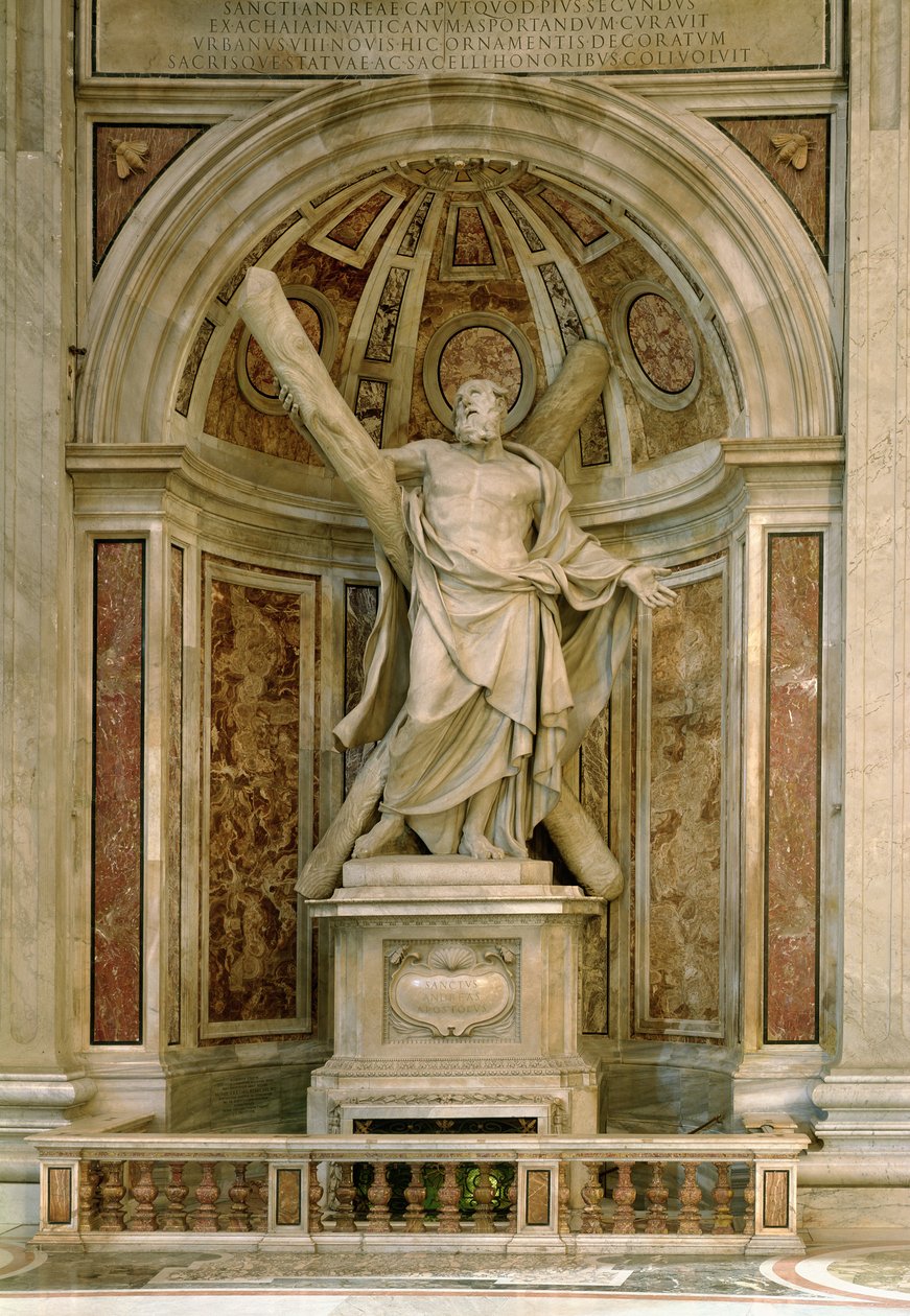 Standbeeld van St. Andreas, aan de voet van de vier pilaren die de koepel ondersteunen, 1629-40 door Francois Duquesnoy