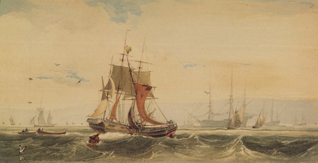 Schepen op de Medway, Kent door Francois Louis Thomas Francia