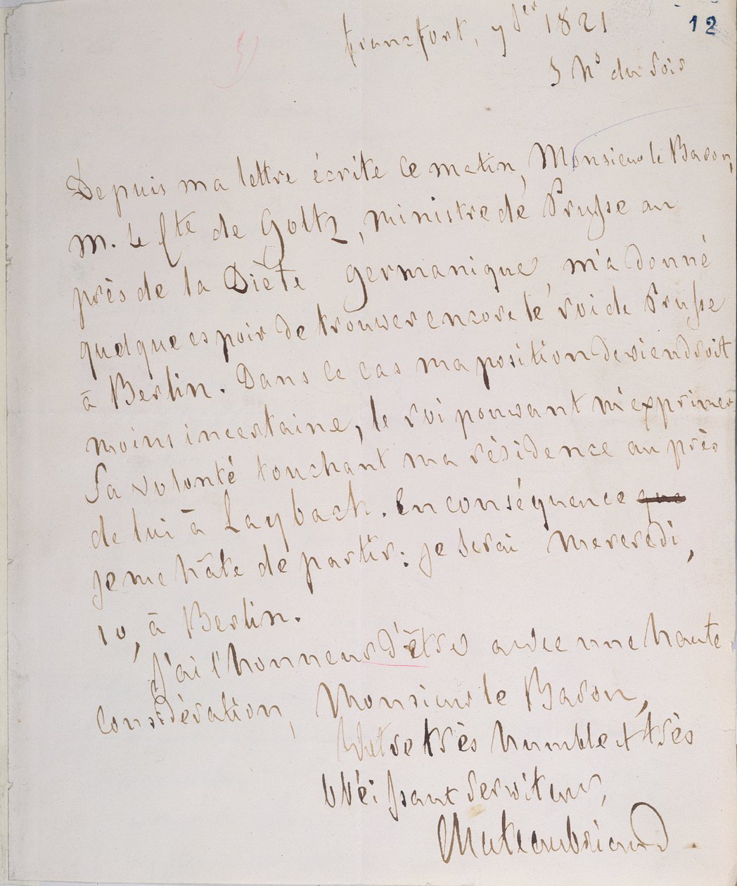 Brief met handtekening van de schrijver, geschreven in Frankfurt op weg naar Chateaubriand