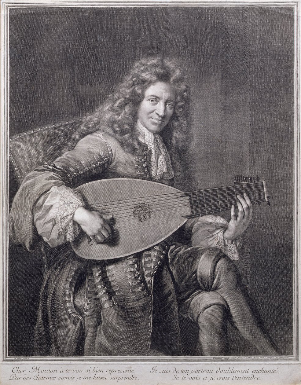 Portret van Mouton die de luit bespeelt, gegraveerd door Gerard Edelinck (1640-1707) door Jean François de Troy