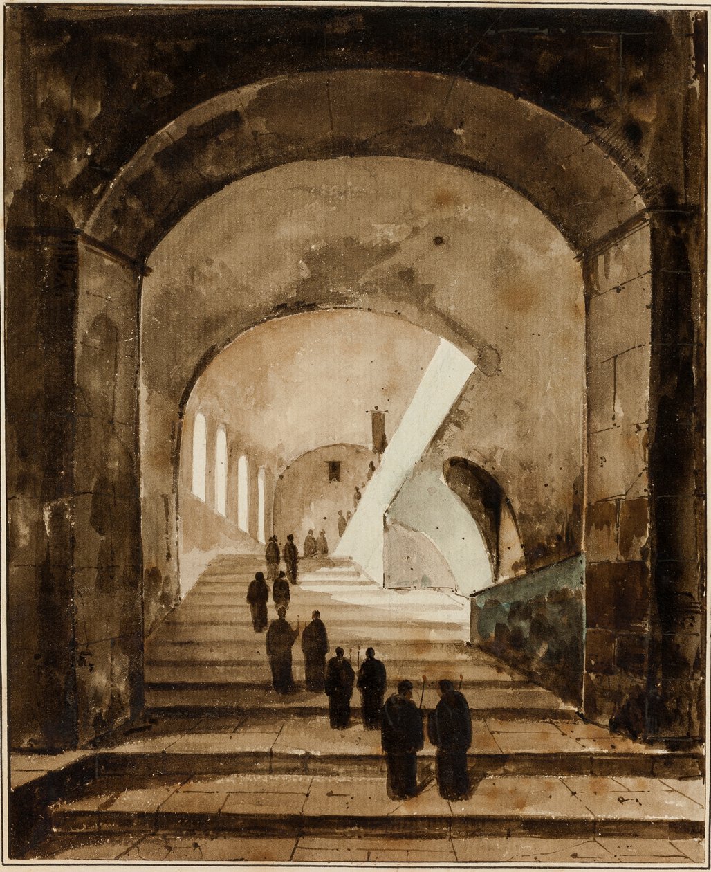 Monniken op de Trap van de Villa van Maecenas in Tivoli door Francois-Marius Granet