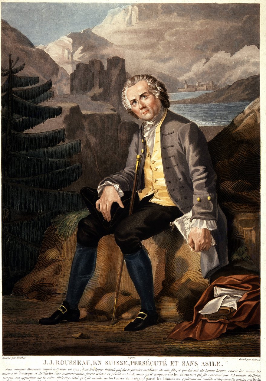 Jean Jacques Rousseau in Zwitserland, vervolgd en zonder asiel. Aquatint door Charon naar Boucher. 19e eeuw. Parijs, Musee Carnavalet. door Francois (after) Boucher