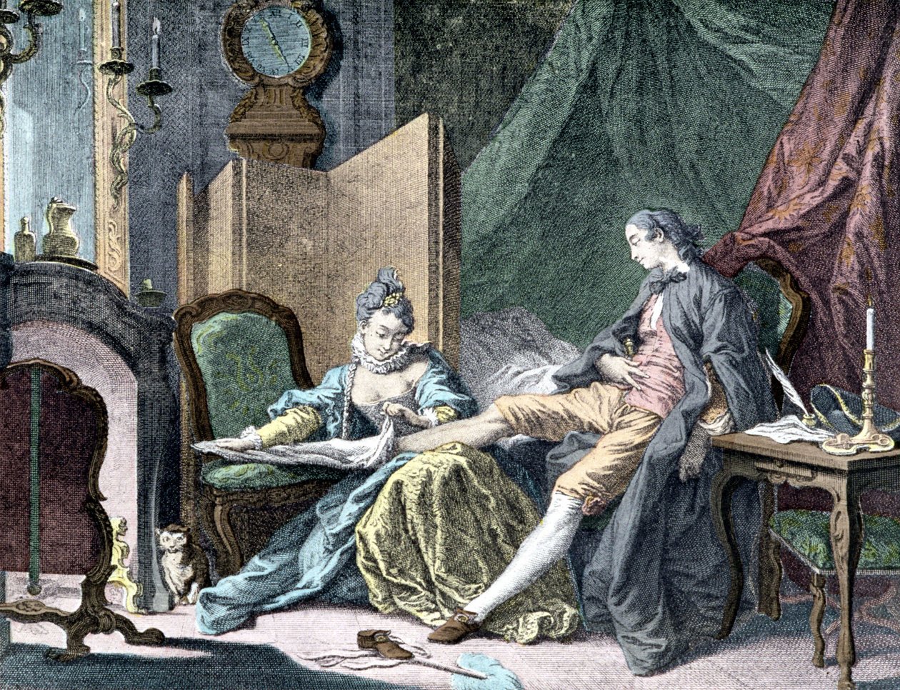 La Courtesan amoureuse: Vrouw die de onderkant van een man verwijdert - gravure door ap. Butcher door Francois (after) Boucher