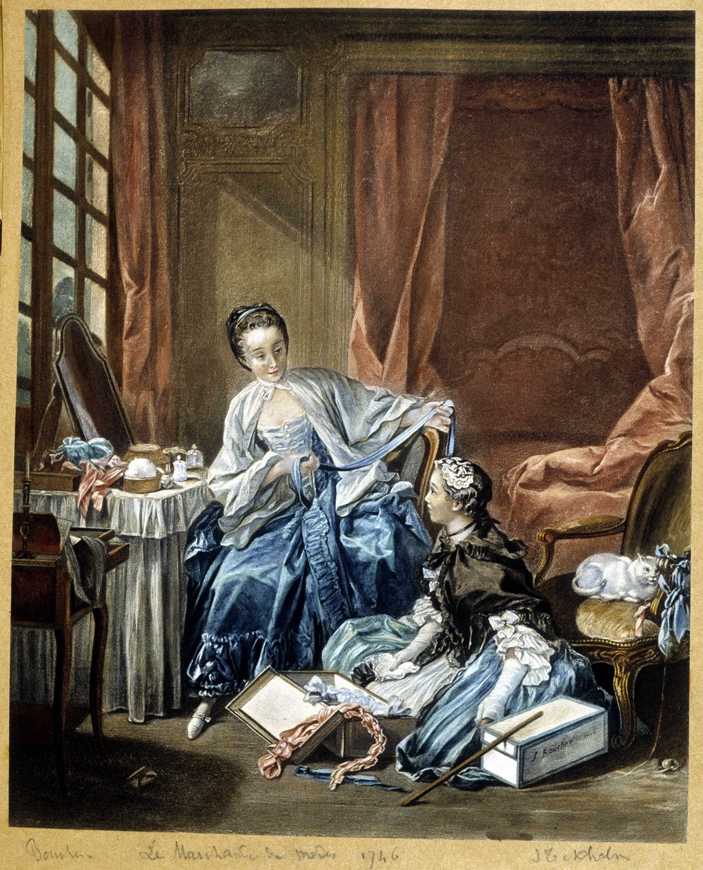 De modehandelaar naar een schilderij van Boucher door Francois (after) Boucher