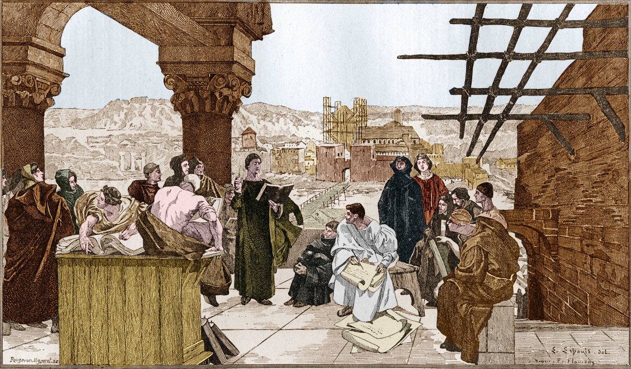 Pierre Abelard of Abailard (1079-1142), Franse filosoof en theoloog en zijn school op de Sainte Genevieve berg (naar de fresco van Francois Flameng) door Francois (after) Flameng