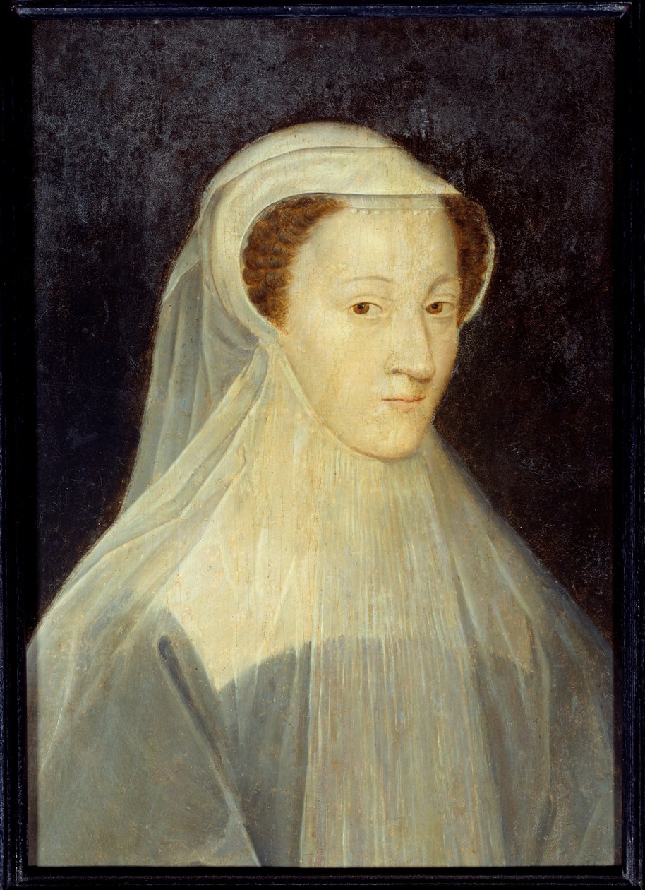 Portret van Marie Stuart (1542-1587), Koningin van Frankrijk en Koningin van Schotland in rouwkostuum. Schilderij van het atelier van Francois Clouet (1515-1572), circa 1560. Olieverf op hout. Afm: 0.37 x 0.26m. Parijs, Musee Carnavalet - Portret van Mary  door Francois (workshop of) Clouet