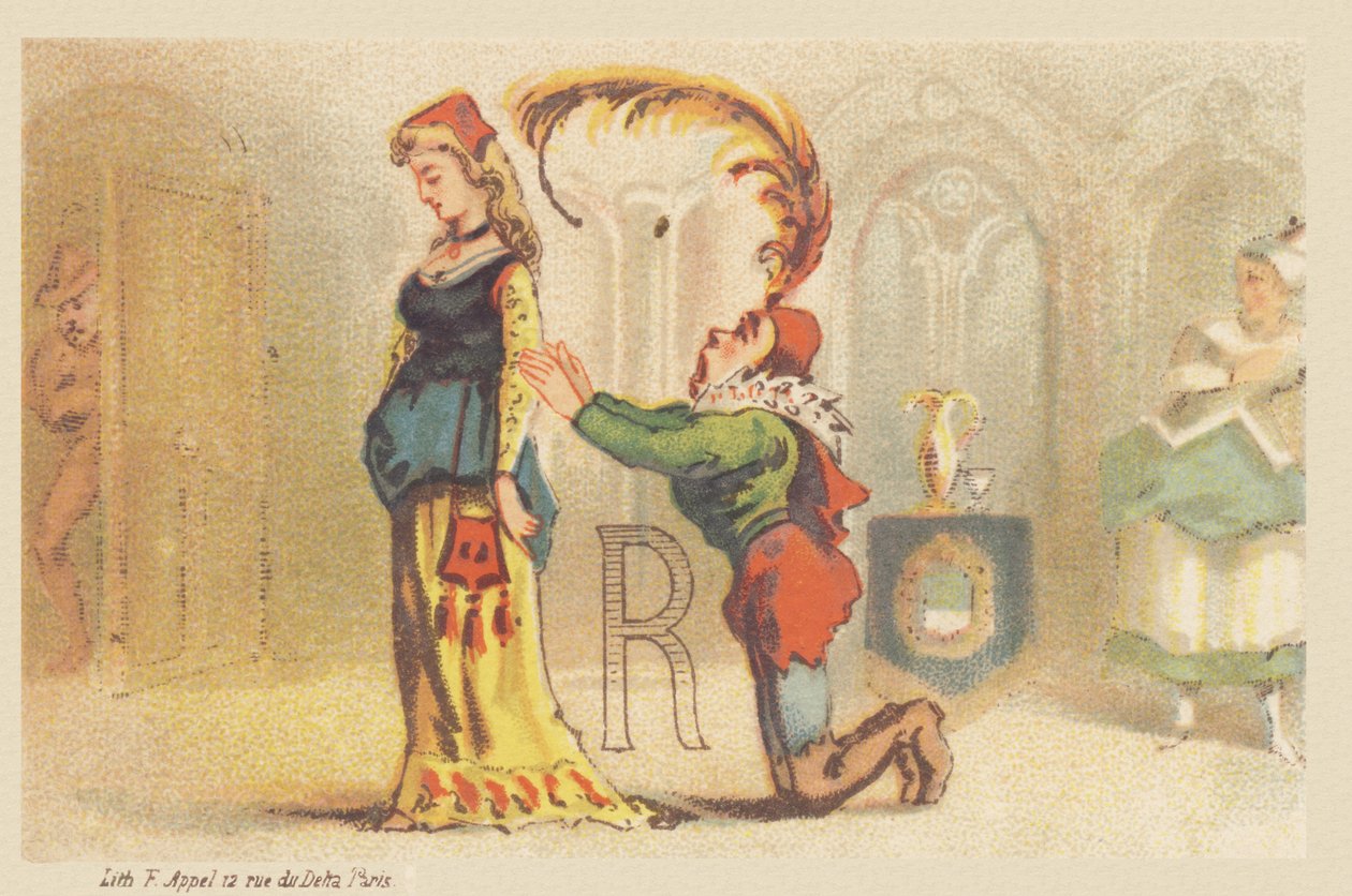 R (letter getoond door een dame en een knecht op zijn knieën) door Francois Antoine Appel