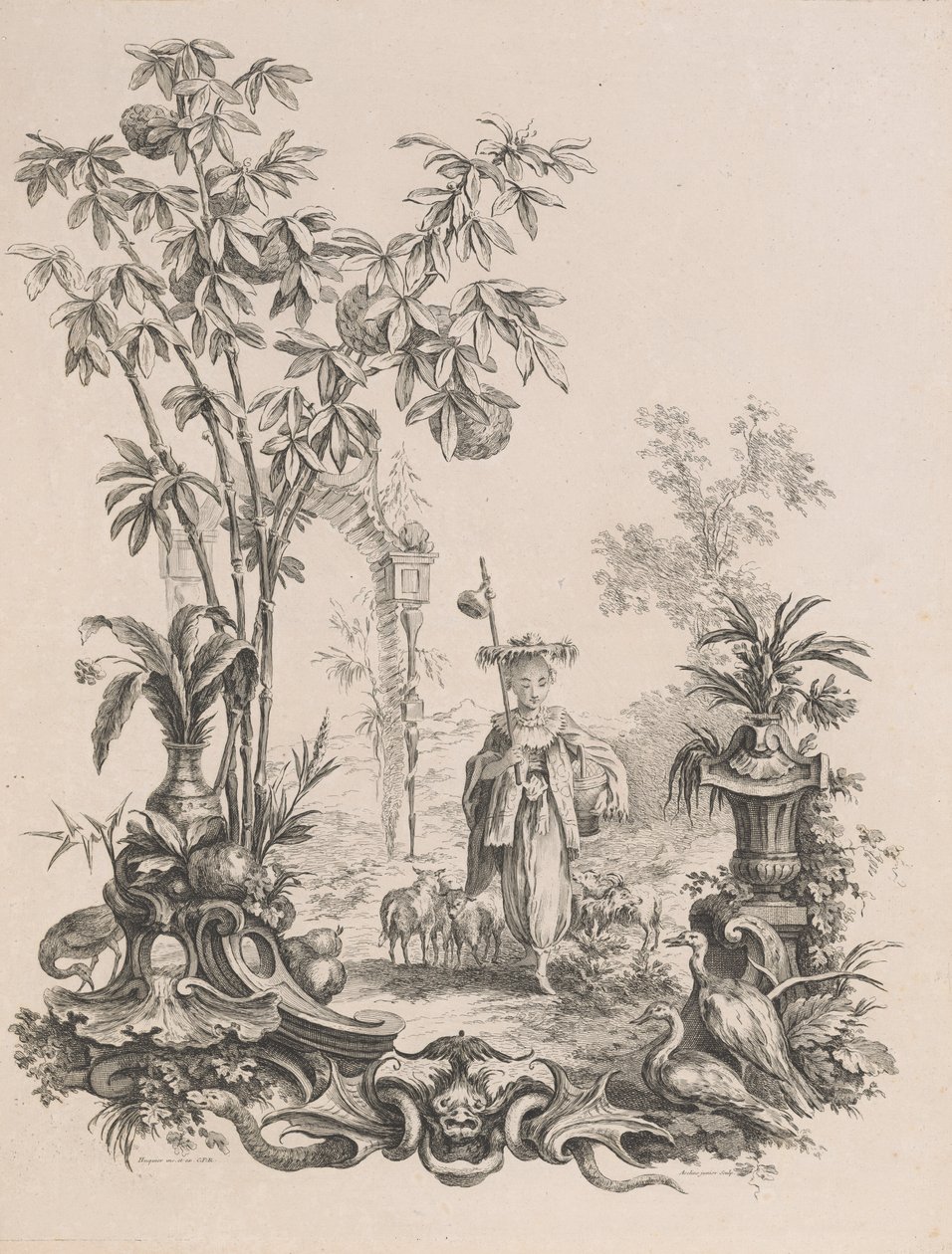 Jonge Chinese vrouw lopend, omringd door haar schapen, ca. 1740-50 door Francois Antoine Aveline
