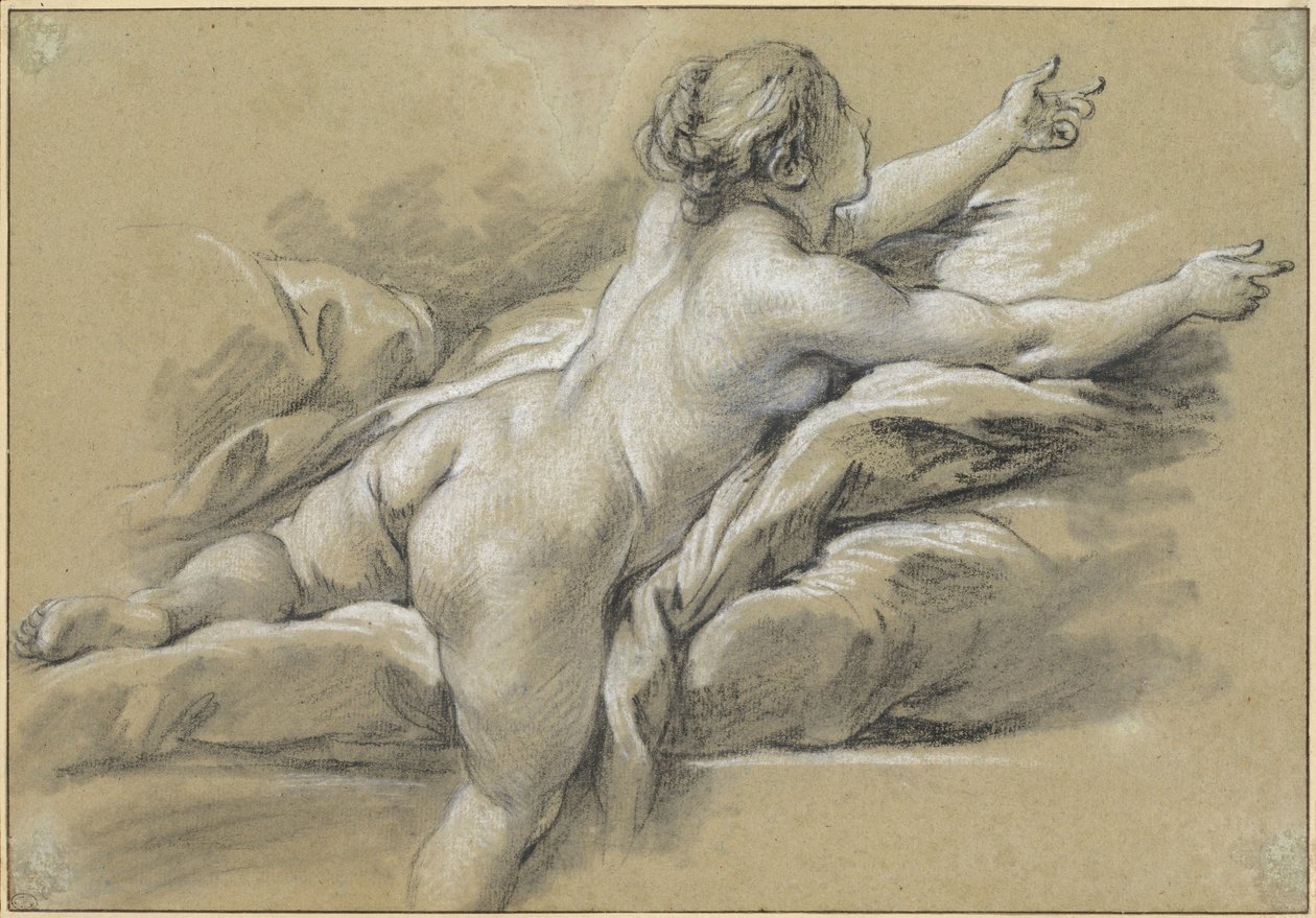 Een naakte vrouw die haar hand naar rechts uitstrekt door François Boucher